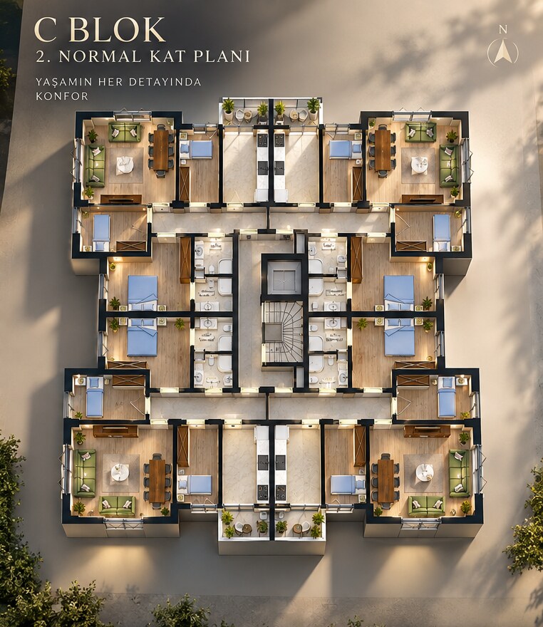 C Blok 3+1 daire 3B kat planı